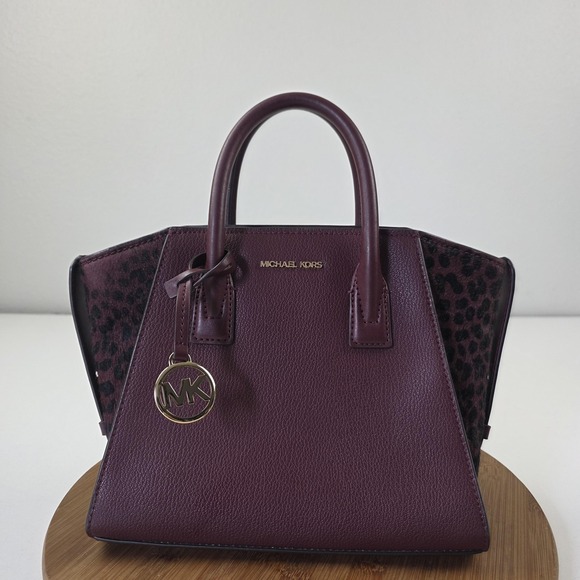 Michael Kors Handbags - Michael Kors Satchel Bag Womens Small Burgundy Leopard Pony Hair Top Handle